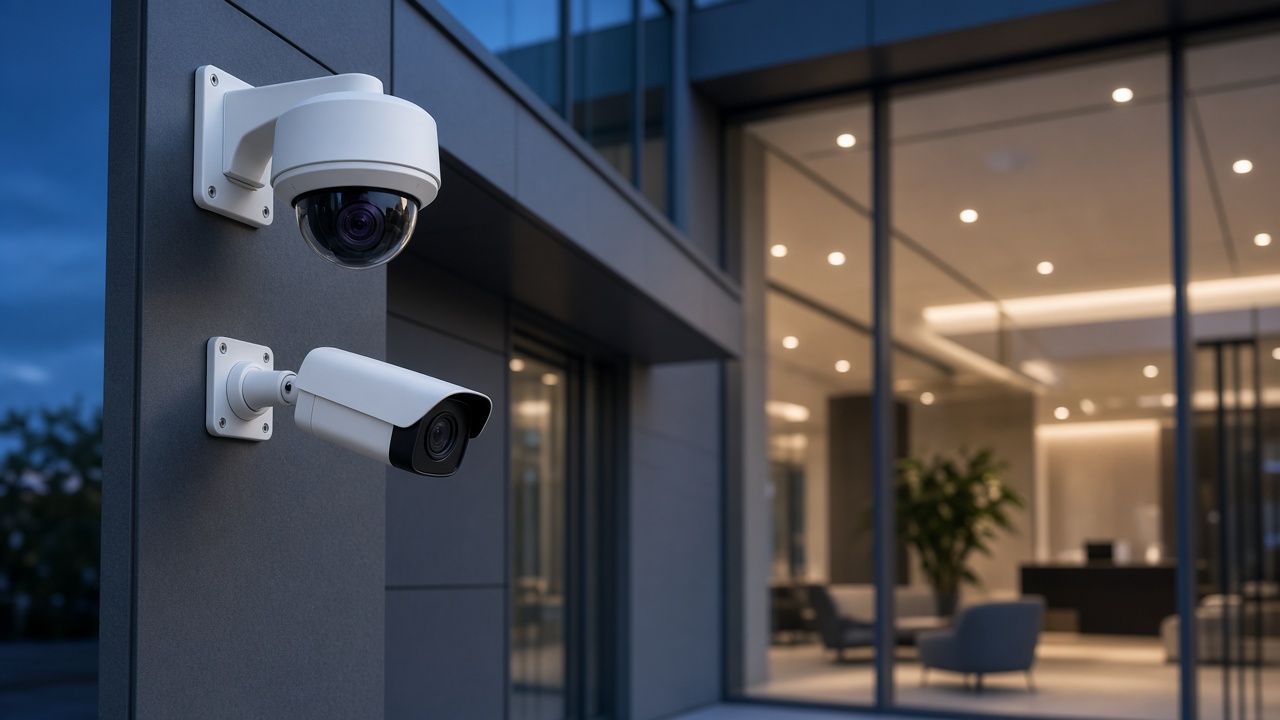 Commercial CCTV security cameras on modern building
